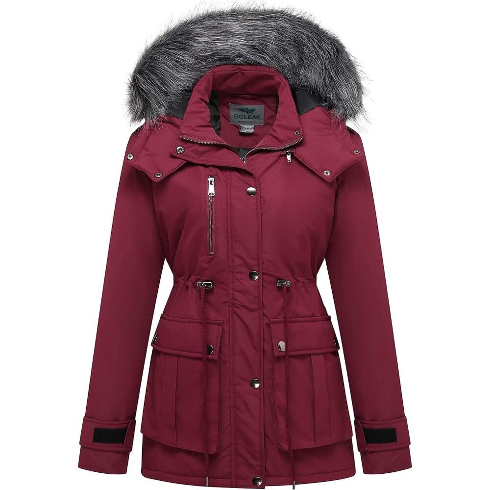 👉 Women's Wine Red Winter Coat Puffer Jacket Thicken Parka with Removable Hood